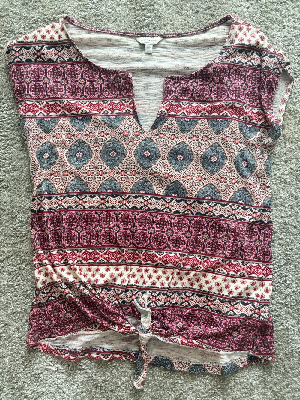 Lucky Brand Pink and Gray Mixed-Print Tie-Hem Top